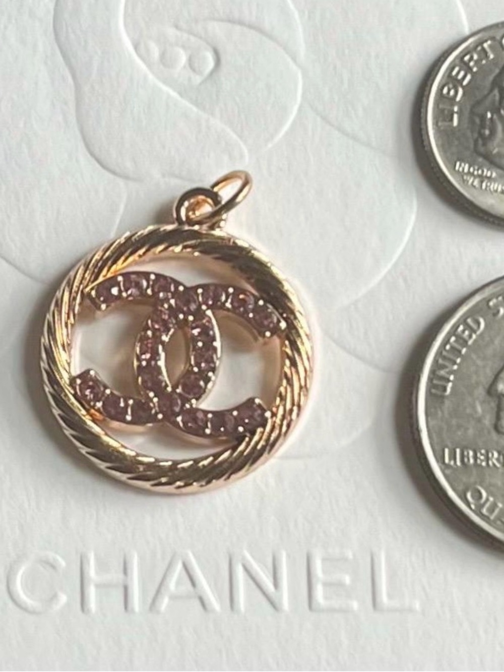 CHANEL Gold-Tone Pendant Necklace with Pink Crystal CC Emblem - Picture 6 of 7
